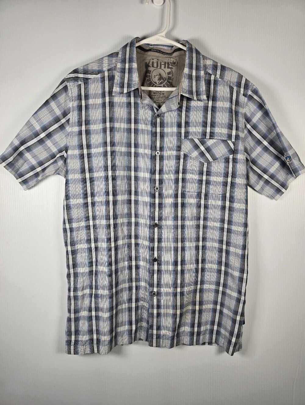 Kuhl Men’s Grey Plaid Short Sleeve Button Down Shirt Cotton Poly Casual Shirt M